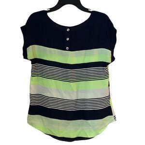 Neon Striped Blouse Large High Low Hem Navy Lime Green Cap Sleeve Flowy Top